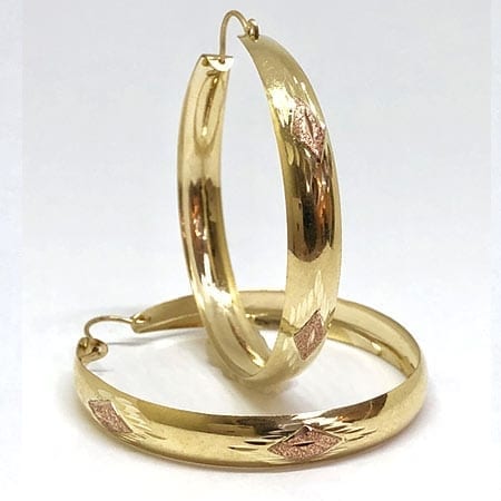 2 Tone Hoop Earring with Rose Square Design on 14K Yellow Gold