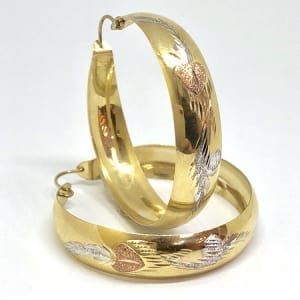 3 Tone Hoop Earring Rose Heart with White Elegant Leaf Design on 14K Yellow Gold