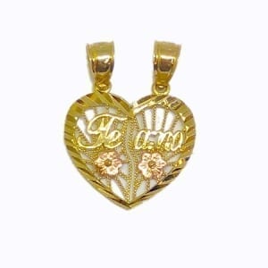 2 Piece Of Hearts Written "TE AMO" With Rose Color Flowers Pendant 14K Yellow Gold
