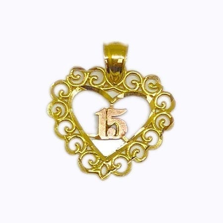 Stunning Design Heart With Rose Gold 15 Anos Pendant 14K Yellow Gold
