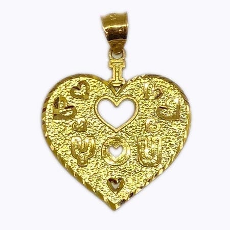 Heart With Stunning Design " I LOVE YOU" & Around Mini Hearts Pendant 14K Yellow Gold