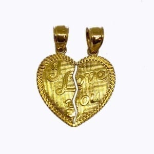2 Piece Of Hearts Written "I LOVE YOU" Pendant 14K Yellow Gold
