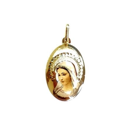 Oval Colored Virgiin Mary Face (Made in Italy) Pendant 14K Yellow Gold