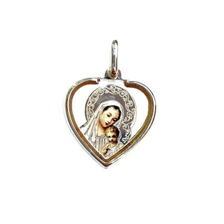 Heart Colored Virgin Mary & Baby Jesus (Made in Italy) Pendant 14K Yellow Gold
