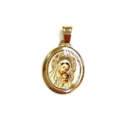 Oval Colored Virgiin Mary & Baby Jesus (Made in Italy) Pendant 14K Yellow Gold