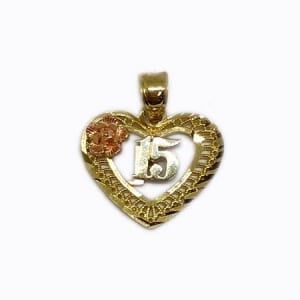 Elegant Design Heart With Rose Gold Flower & 15 Anos Pendant 14K Yellow Gold