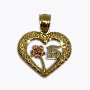 Elegant Design Heart With Rose Gold Flower & White Gold 15 Anos Pendant 14K Yellow Gold