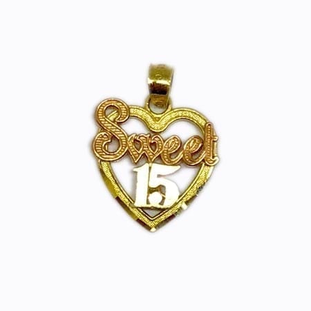 Heart With Rose Gold "SWEET" & White Gold "15 Anos" Pendant 14K Yellow Gold