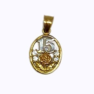 Cubic Zirconia Oval With Rose Gold Flower & White Gold 15 Anos Pendant 14K Yellow Gold