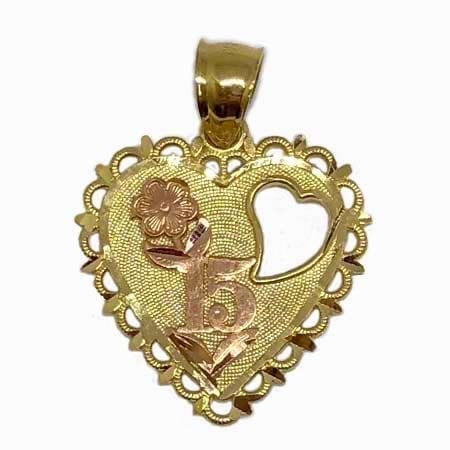 Stunning Design Heart With Rose Gold Flower & 15 Anos Pendant 14K Yellow Gold