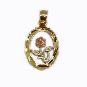 Oval Frame With Rose & White Gold Flower Pendant 14K Yellow Gold