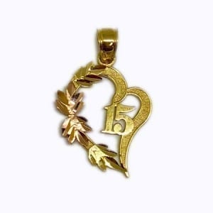 Elegant Design Heart With Rose Gold Leaves & 15 Anos Pendant 14K Yellow Gold