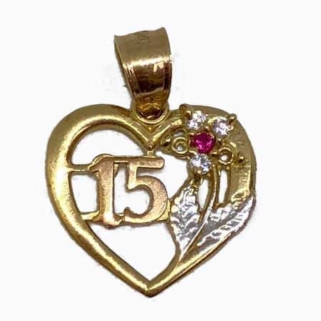 Heart With Cubic Zirconia Flower And Rose Gold 15Anos Pendant 14K Yellow Gold