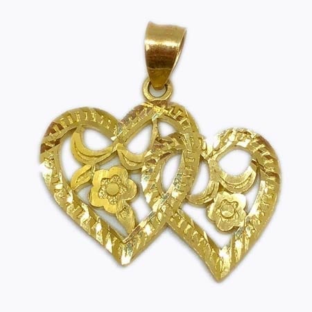 2 Hearts With Elegant Design Flowers Pendant 14K Yellow Gold