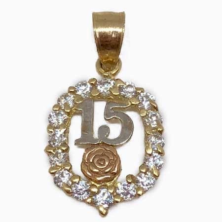 Cubic Zirconia With Rose Gold Flower & White Gold 15 Anos Pendant 14K Yellow Gold