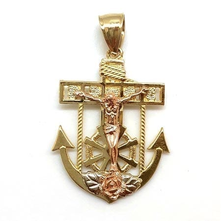 Anchor with Rose Gold Jesus & Flower Pendant 14K Yellow Gold