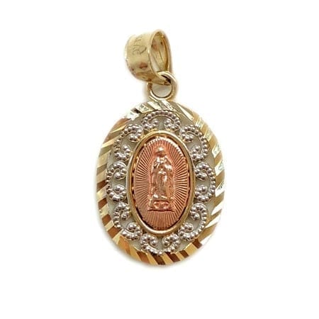 Oval Two-Tone Modern Design with Rose Gold Virgin Mary Pendant 14K Yellow Gold