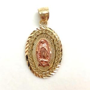 Oval Modern Design with Rose Gold Virgin Mary Pendant 14K Yellow Gold