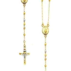 Disco Balls Rosary Necklace 14K Three-Tone Gold With Virgin Mary And Cross With Jesus Two-Tone