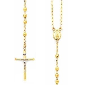 Disco Balls Rosary Necklace 14K Yellow Gold With Virgin Mary and Cross With Jesus Two-Tone