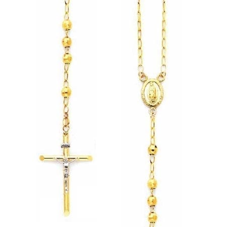 Disco Balls Rosary Necklace 14K Yellow Gold With Virgin Mary and Cross With Jesus Two-Tone