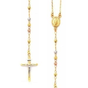 Moon Cut Balls Rosary Necklace 14K Three-Tone Gold With Virgin Mary And Cross With Jesus Two-Tone