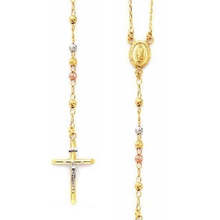 Moon Cut Balls Rosary Necklace 14K Three-Tone Gold With Virgin Mary And Cross With Jesus Two-Tone