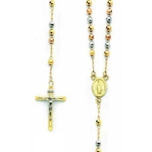 Disco Balls Rosary Necklace 14K Three-Tone Gold With Virgin Mary And Cross With Jesus Two-Tone