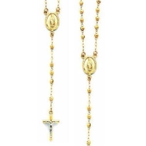 Moon Cut Balls Rosary Necklace 14K Yellow Gold With Virgin Mary and Cross With Jesus Two-Tone