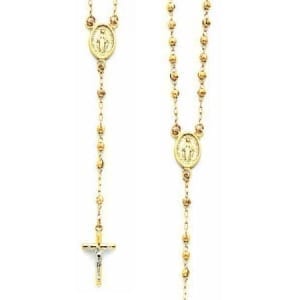 Moon Cut Balls Rosary Necklace 14K Yellow Gold With Virgin Mary and Cross With Jesus Two-Tone