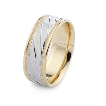 Two-Tone Modern Diagonal & Milgrain Modern Design High Quality Finishing Solid Fashion Wedding Band 14K White & Yellow Gold 8MM Wide By 1.60MM Thick