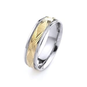 Two-Tone Modern X & Milgrain Design High Quality Finishing Solid Fashion Wedding Band 14K White & Yellow Gold 6MM Wide By 1.60MM Thick