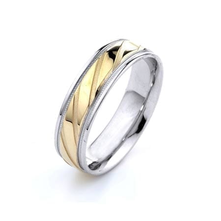 Two-Tone Modern Diagonal & Milgrain Design High Quality Finishing Solid Fashion Wedding Band 14K White & Yellow Gold 6MM Wide By 1.60MM Thick